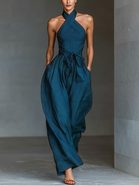 Women's Navy Linen Halter Jumpsuit – ModClo