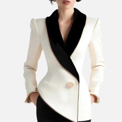 Women's Black and White Suit Jacket – Tailored Shawl Collar Fitted Blazer