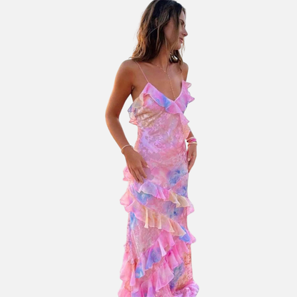 Women's Floral Ruffle Backless Maxi Dress