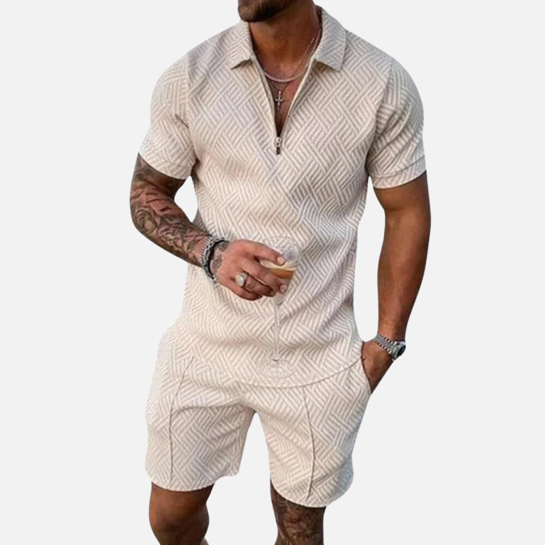Men's Textured Zip Collar Polo Shirt and Shorts Set
