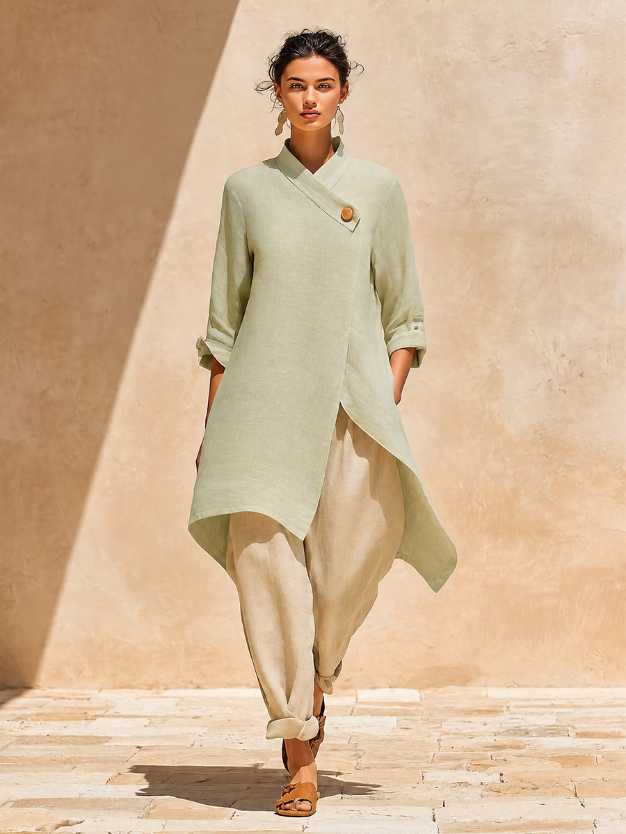 Women's Linen Asymmetric Long Coat – ModClo