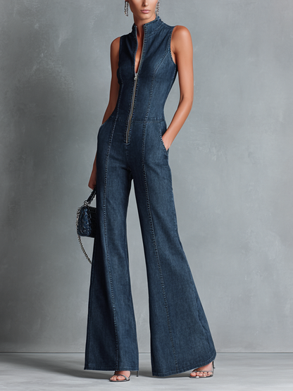 Women's Blue Denim High Neck Sleeveless Jumpsuit – ModClo