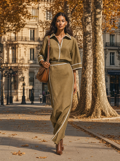 Women's Linen Contrast Piping Skirt Set – ModClo