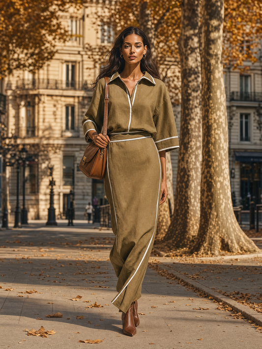 Women's Linen Contrast Piping Skirt Set – ModClo