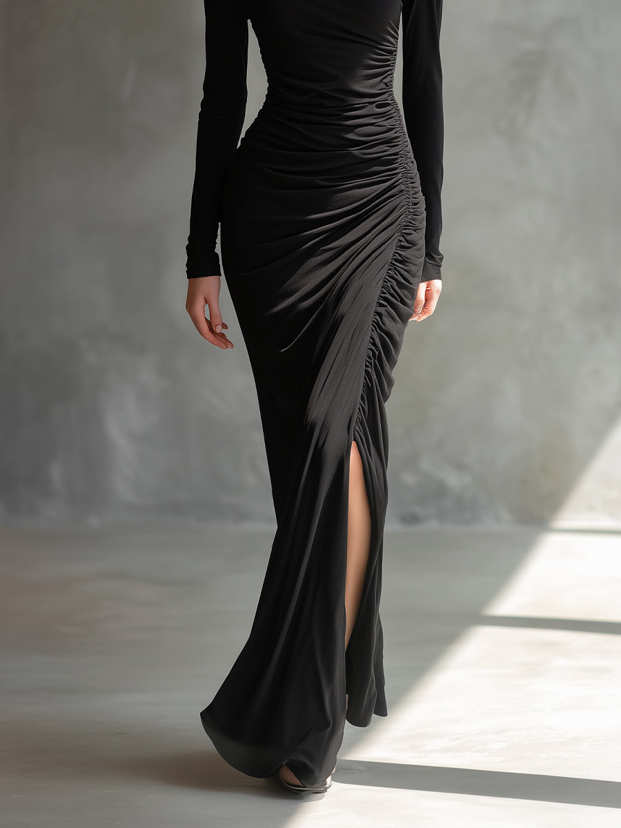 Women's Black Jersey Ruched Slit Maxi Dress – ModClo