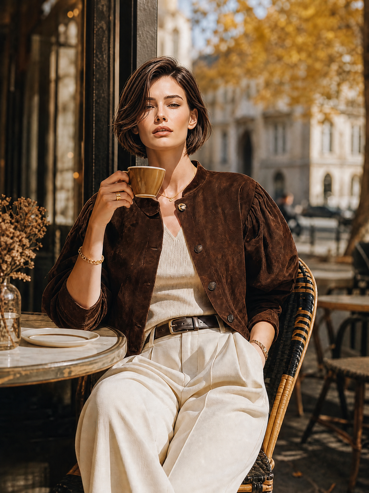 Women's Brown Puff Sleeve Stand Collar Jacket – ModClo