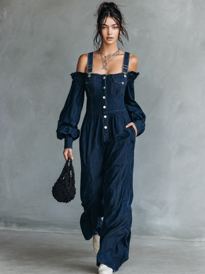 Women's Blue Denim Long Sleeve Jumpsuit – ModClo