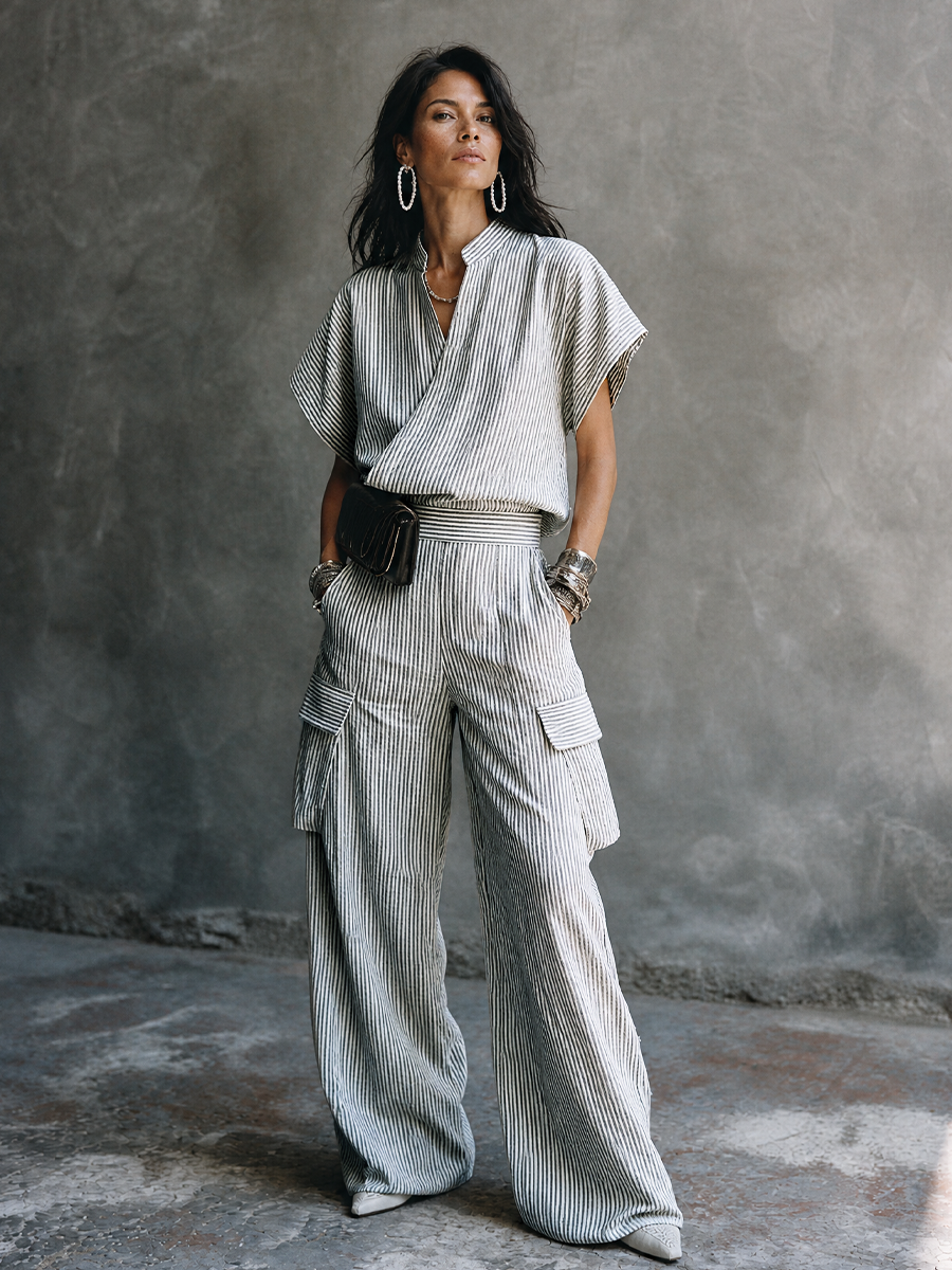 Women's White Cotton Wrap Striped Trouser Set – ModClo