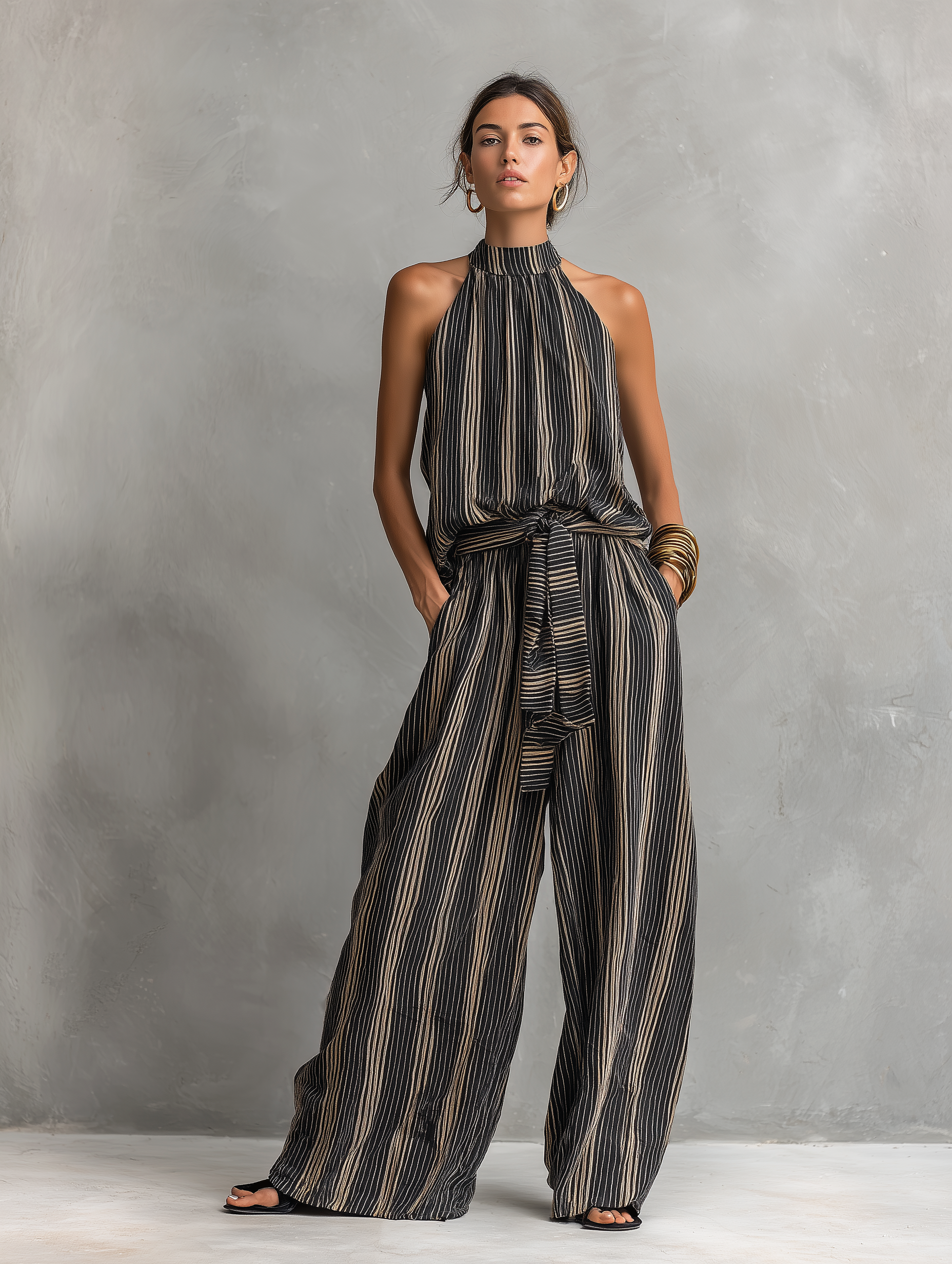 Women's Woven Round Neck Sleeveless Striped Set – ModClo