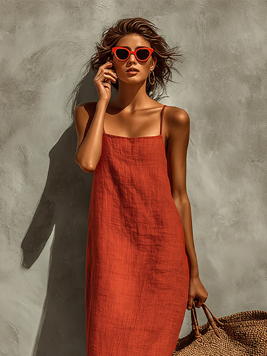 Women's Red Cotton Square Neck Boho Dress – ModClo