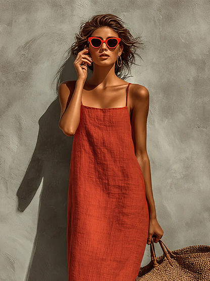 Women's Red Cotton Square Neck Boho Dress – ModClo