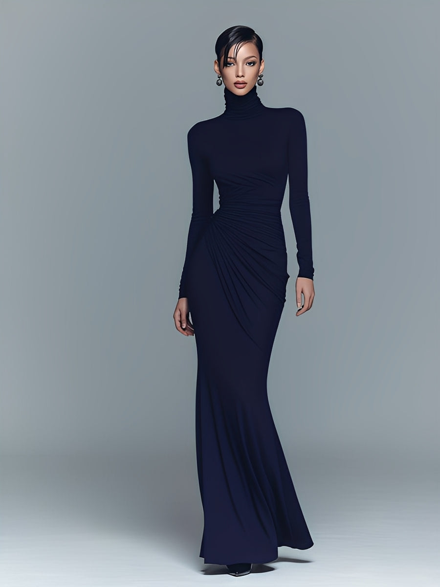 Women's Navy Cotton Turtleneck Maxi Dress – ModClo