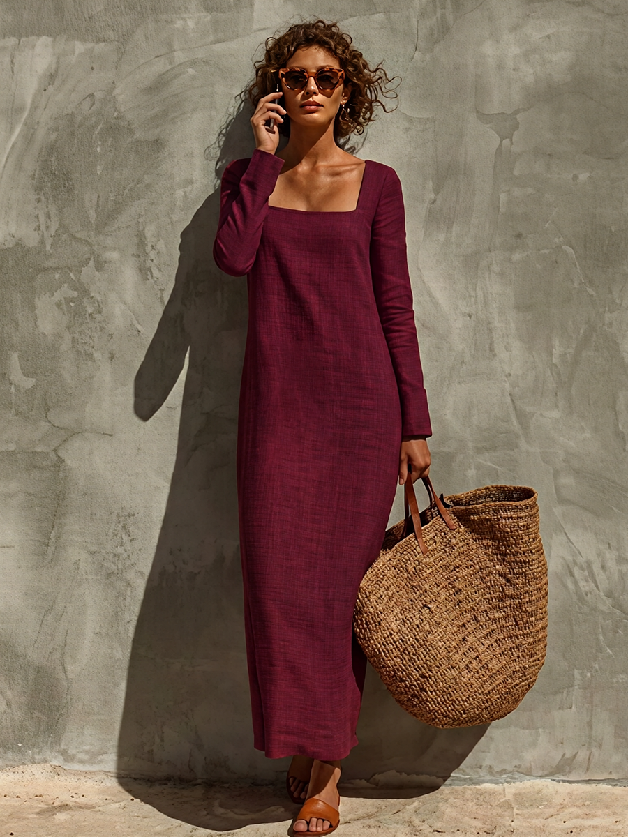 Women's Linen Square Neck Long Sleeve Dress – ModClo