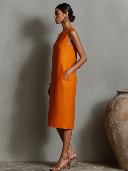 Women's Orange Linen Round Neck Sleeveless Dress – ModClo