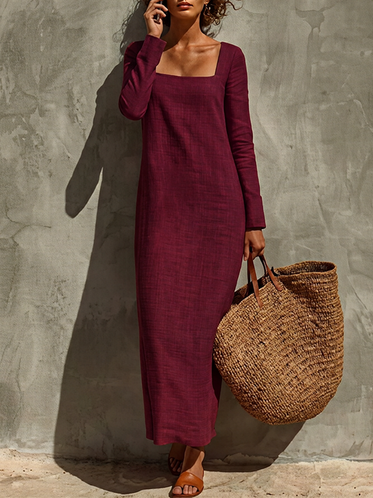 Women's Linen Square Neck Long Sleeve Dress – ModClo