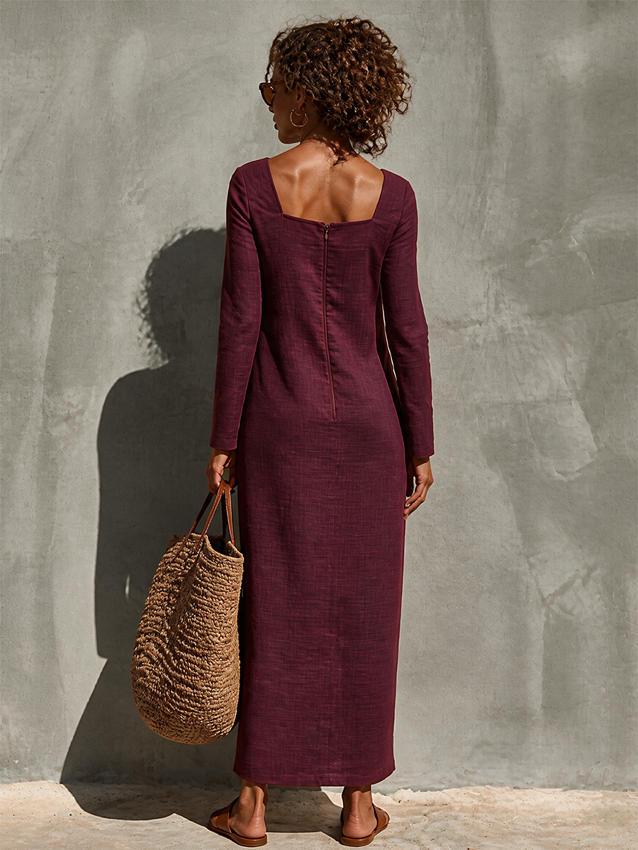 Women's Linen Square Neck Long Sleeve Dress – ModClo