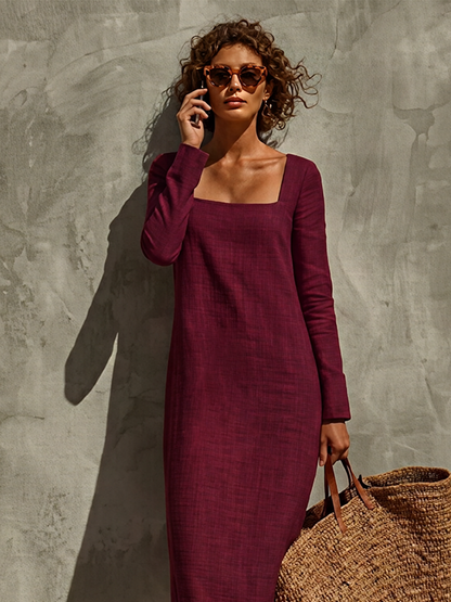 Women's Linen Square Neck Long Sleeve Dress – ModClo