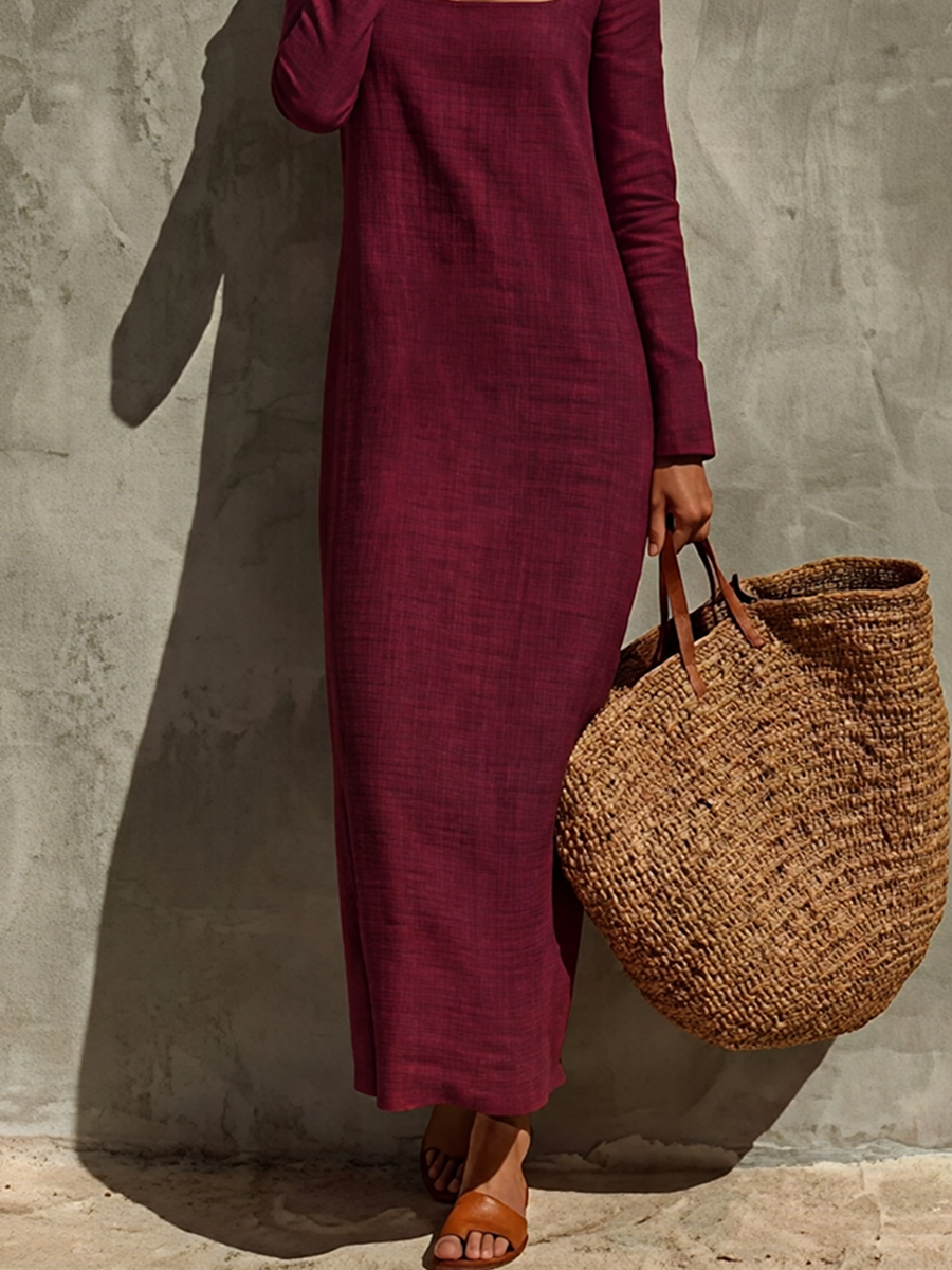 Women's Linen Square Neck Long Sleeve Dress – ModClo