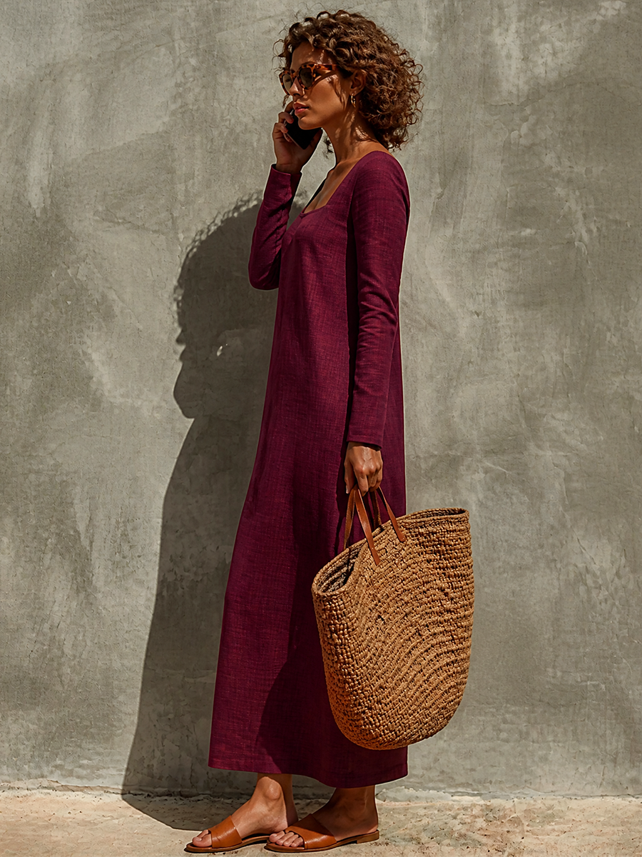 Women's Linen Square Neck Long Sleeve Dress – ModClo