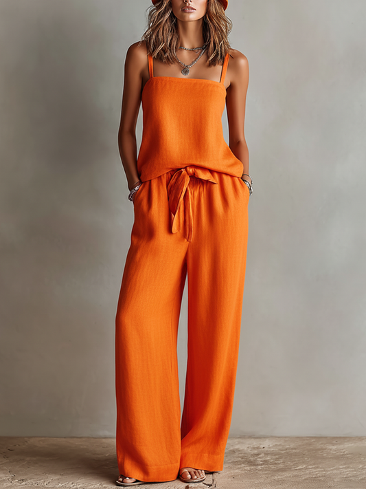 Women's Orange Linen Square Neck Boho Two-Piece Set – ModClo