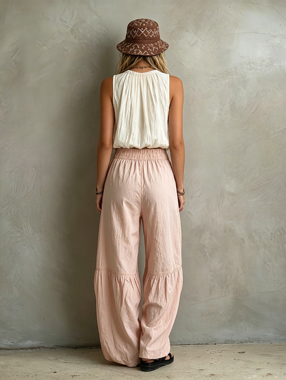 Women's White Woven Round Neck Sleeveless Trousers – ModClo