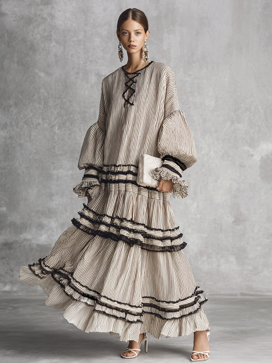 Women's Cotton Long Sleeve Tiered Striped Maxi Dress – ModClo