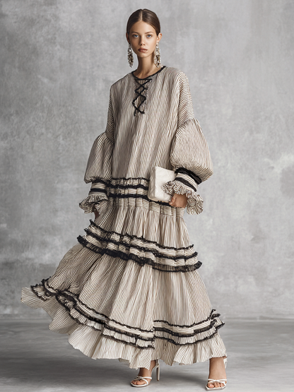 Women's Cotton Long Sleeve Tiered Striped Maxi Dress – ModClo