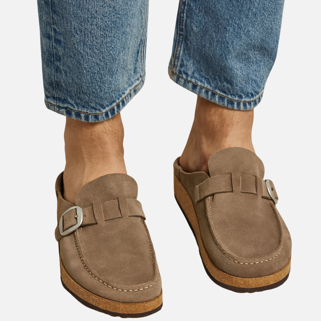 Men’s Suede Mules with Buckle - Closed Toe Sandals
