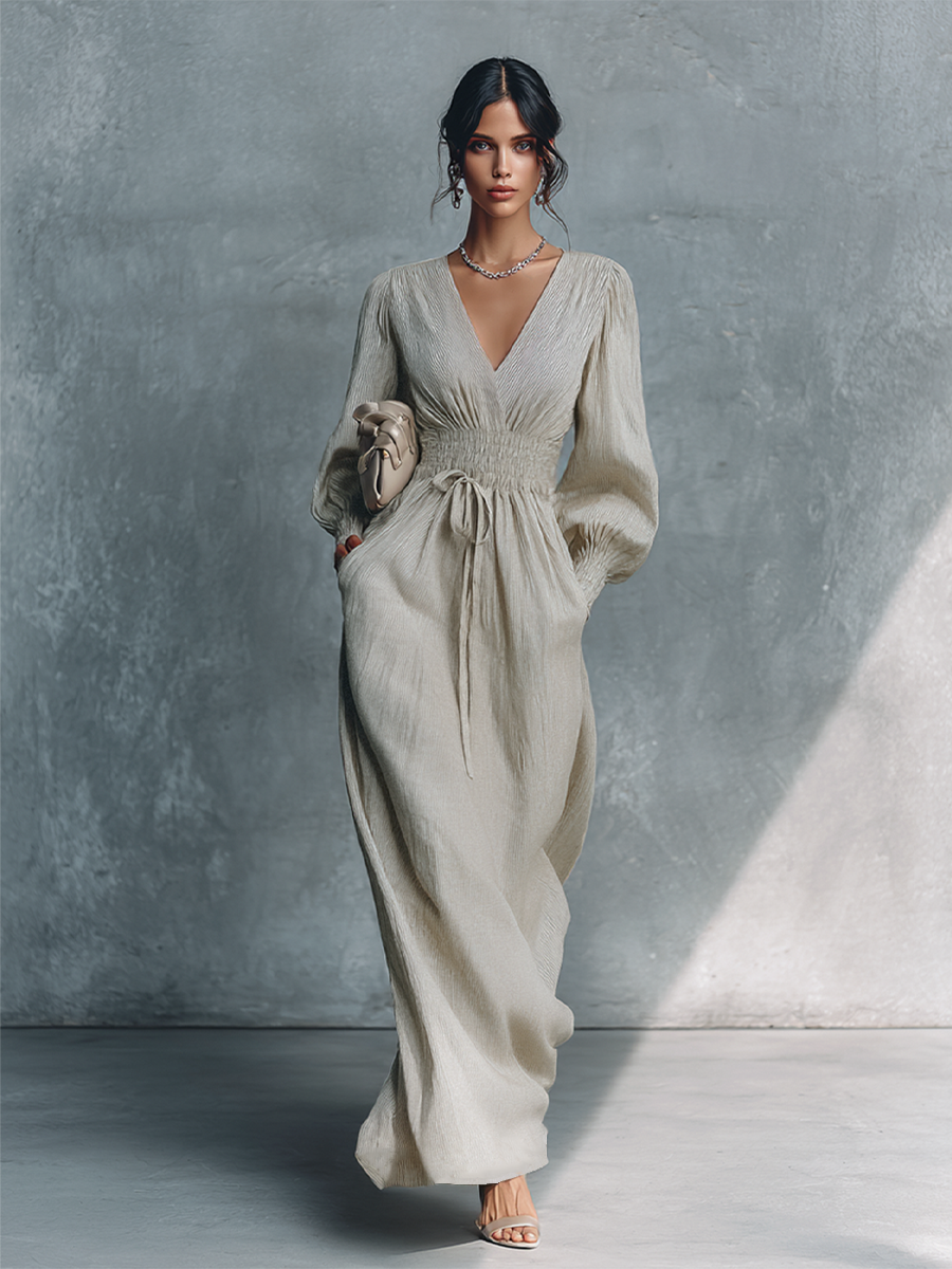 Women's Beige Linen Striped Maxi Dress – ModClo