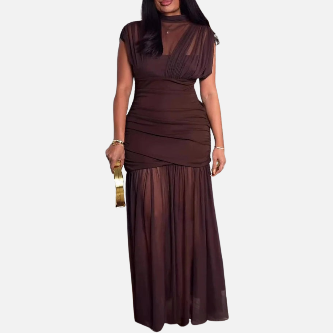 high-neck ruched mesh bridesmaid dress Women's Formal Maxi | High Neck Evening rouged dress Color:Petunia this dress pairs beautifully Bcbg Fit And Flare