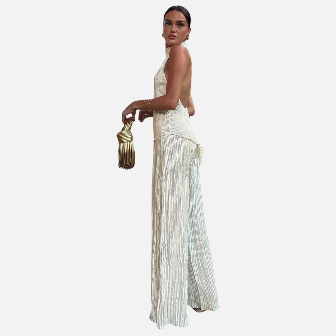 Women's Halter-Neck Pleated Wide-Leg Jumpsuit - Wedding Guest Dress