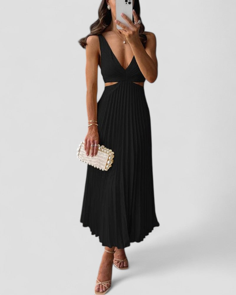 Elegant Pleated Satin Cut Out Midi Dress