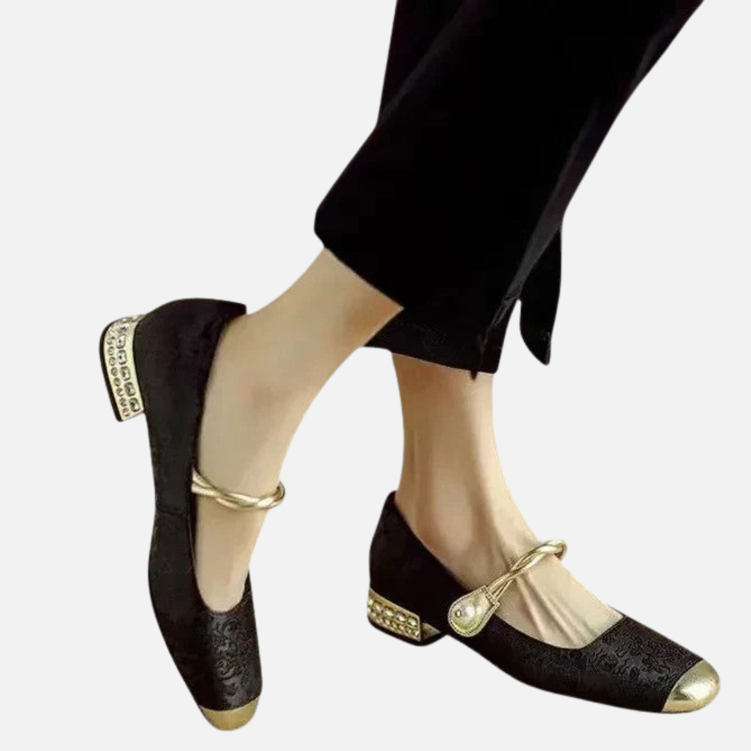 Women's Velvet Mary Jane Flats – Square Toe Pearl Heel