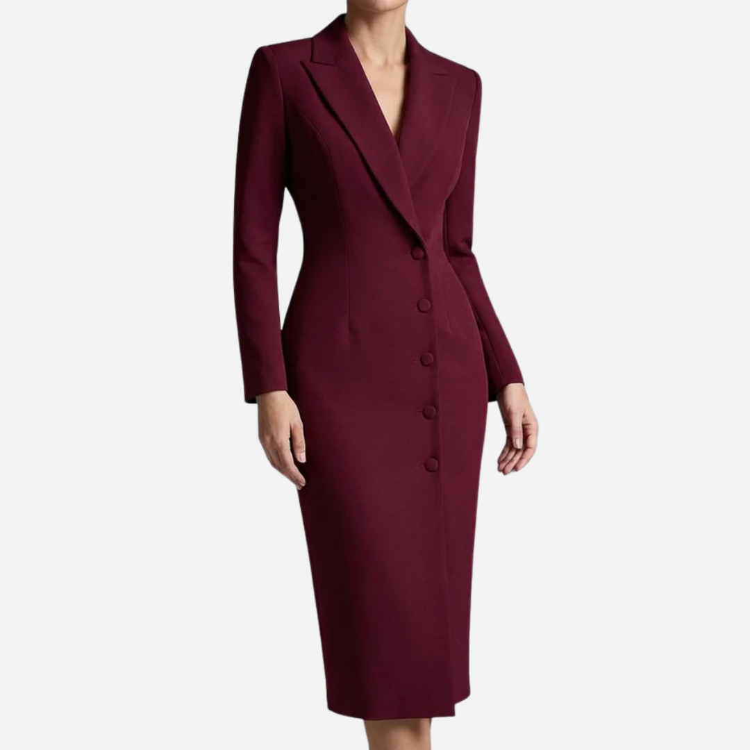 Women's Tailored Blazer Midi Dress – Single Button V-Neck Long Sleeve Work Dress