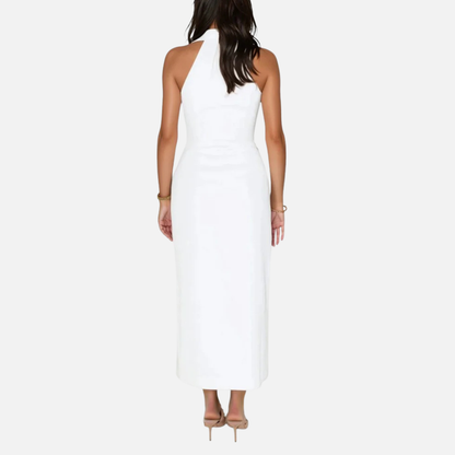 Women's White Formal Halter Maxi Dress | Deep V Neck Backless Bodycon