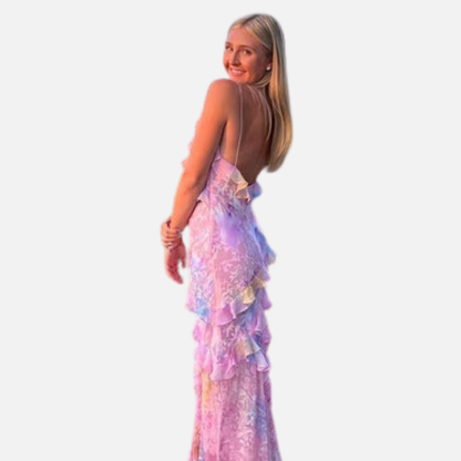 Women's Floral Ruffle Backless Maxi Dress