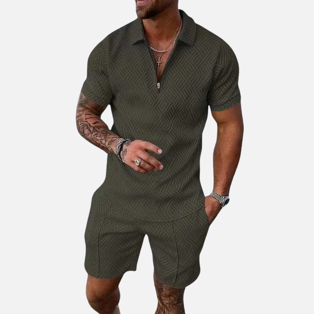 Men's Textured Zip Collar Polo Shirt and Shorts Set