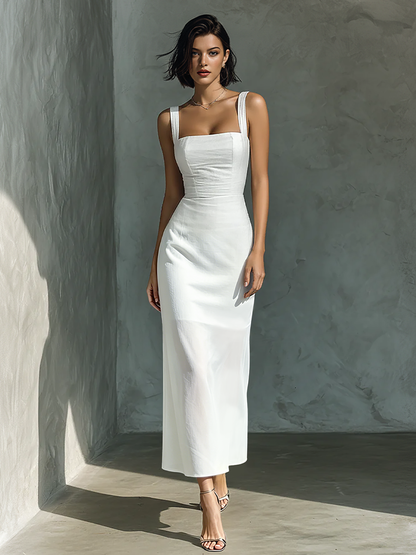 Women's White Linen Sleeveless Midi Dress – ModClo