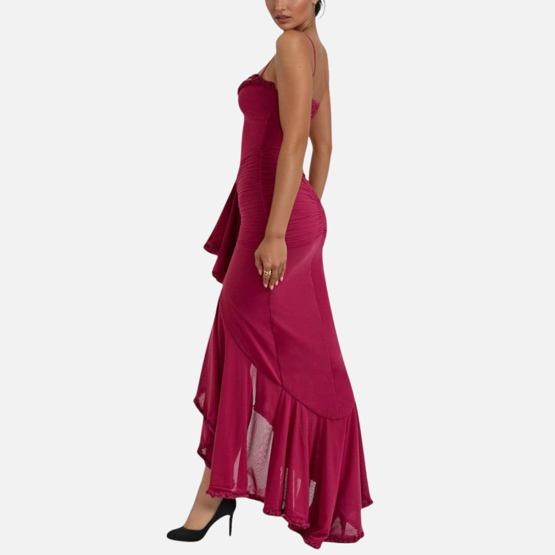 Women's Red Ruffle Maxi Dress - Spaghetti Strap Formal Gown