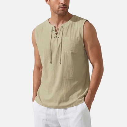 Men's Linen Sleeveless Tank Top | Lace-Up V-Neck Beach Vest