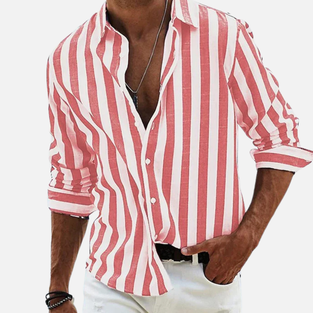 Men's Striped Long Sleeve Shirt – Button-Up Casual Beach Shirt