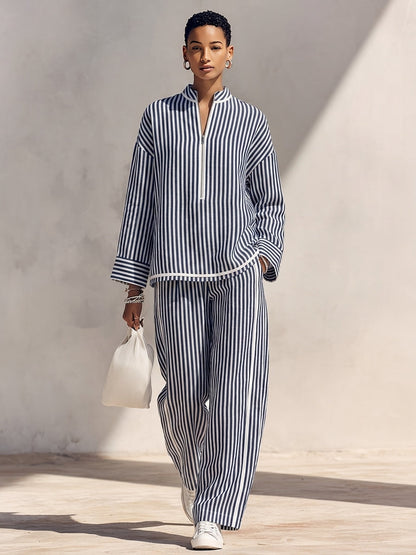 Women's Blue Linen Oversized Stand Collar Trouser Set – ModClo