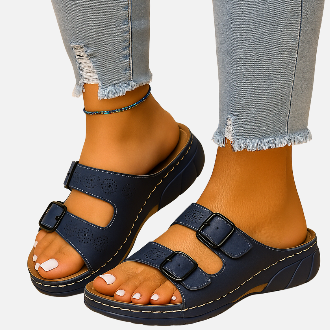 Women’s Comfort Sandals - Slip On Buckle Slides