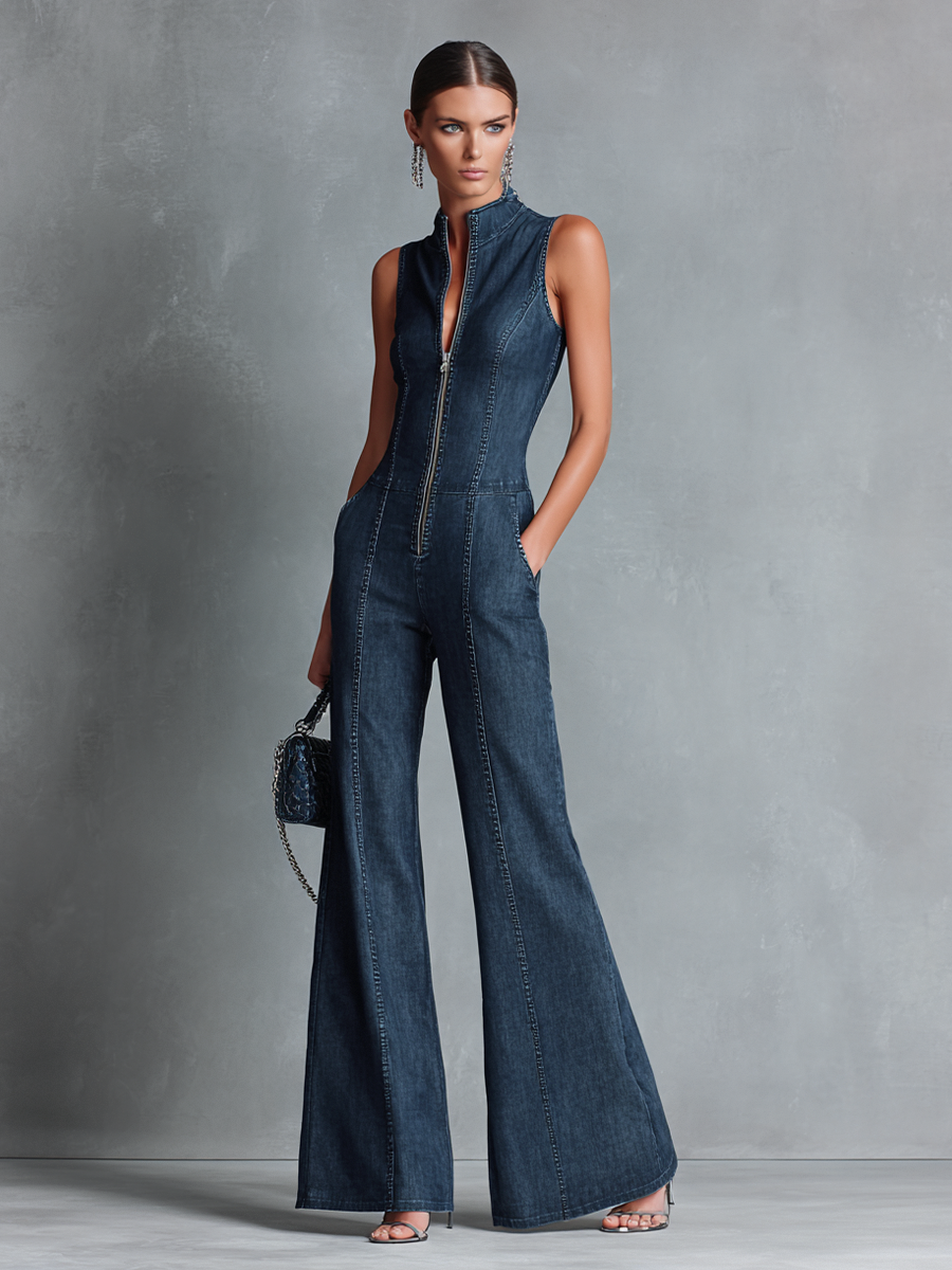 Women's Blue Denim High Neck Sleeveless Jumpsuit – ModClo