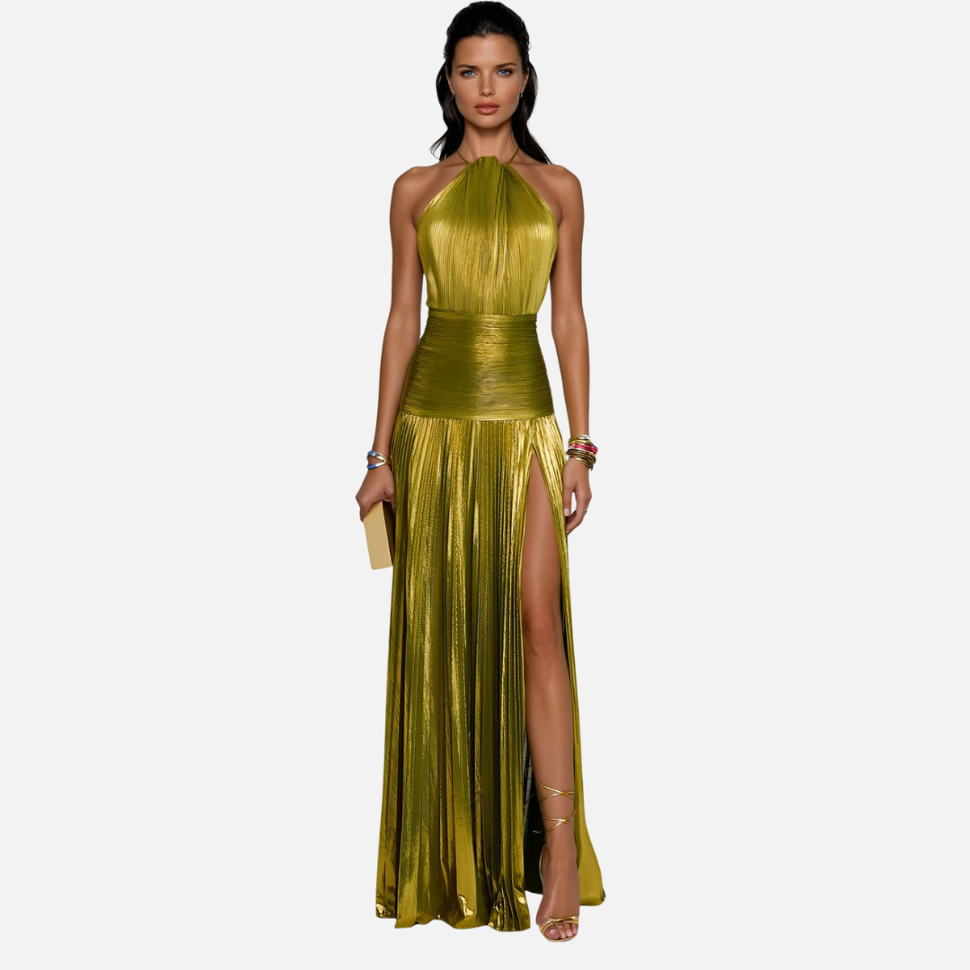Women's Shimmering Pleated Halter-Neck Maxi Gown Dress