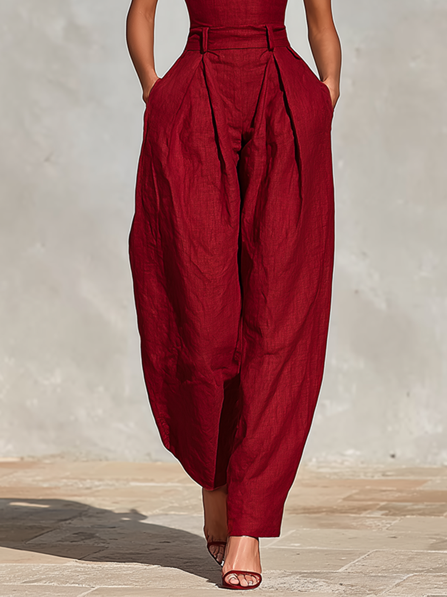 Women's Red Linen Pleated Jumpsuit – ModClo