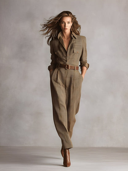 Women's Brown Tweed Plaid Utility Jumpsuit – ModClo