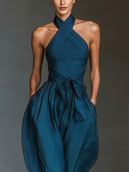 Women's Navy Linen Halter Jumpsuit – ModClo