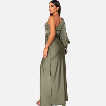 Women's One Shoulder Satin Maxi Dress Ruched