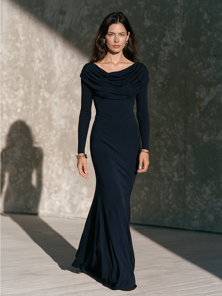 Women's Long-Sleeve Knit Maxi Dress with Ruched High Neck – ModClo